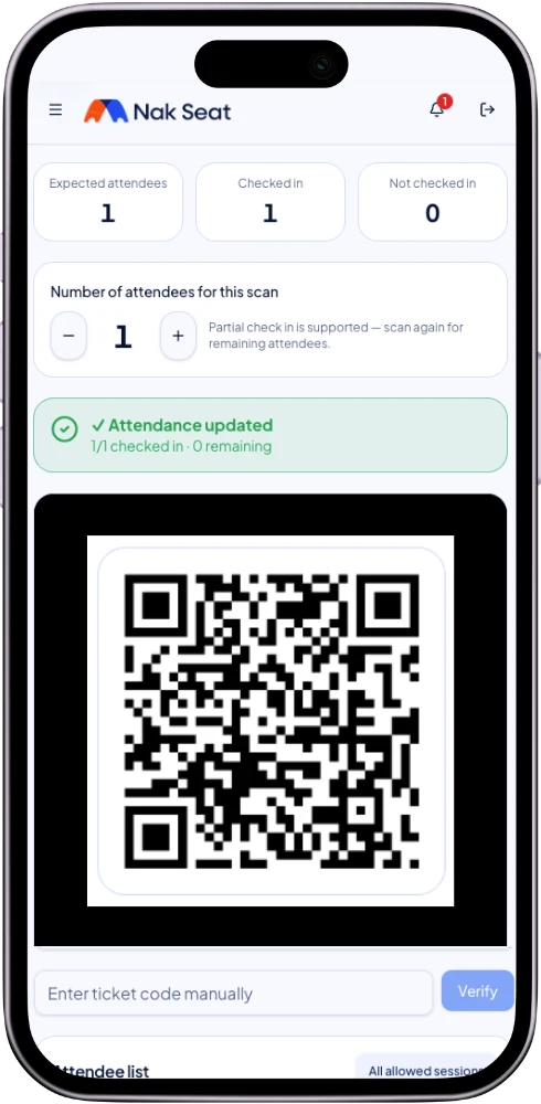 NakSeat scanner on a phone showing a successful check in: 1 of 1 attendees checked in