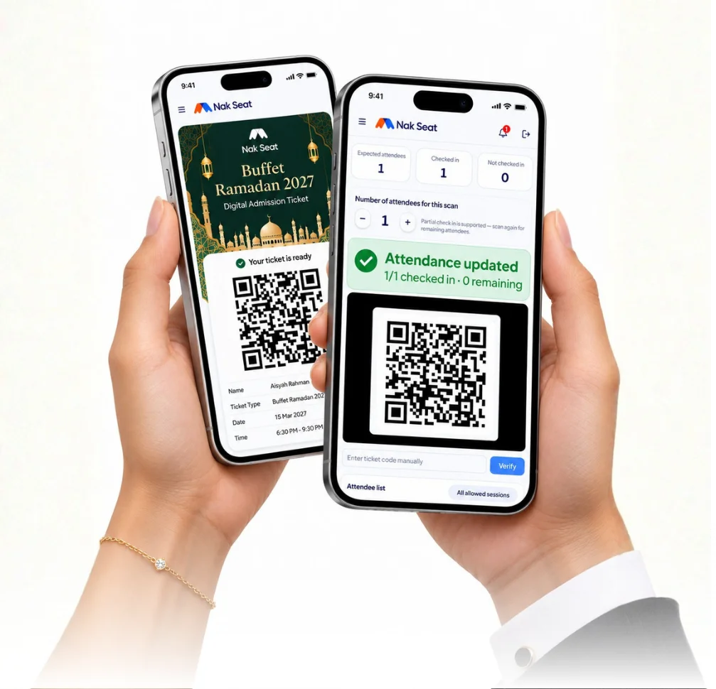 NakSeat on two phones: an attendee's digital ticket with QR code beside the scanner showing 1 of 1 attendees checked in